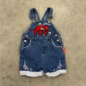 Clifford Big Red Dog Denim Overalls 24M Lace Trim Rare